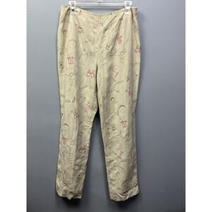 PROMINENCE pants womens size 10 Silk Linen blend Straight Leg Embroidered‎ tan